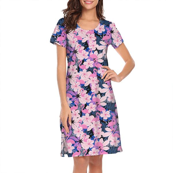

nighties for women aniaml beautiful flowers flamingos printing sports humorous short sleeve nightdress tropical flamingo bird pink the, Black;red