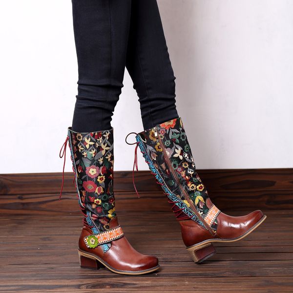 

women's ethnic long tube boots handmade embroidery winter mid-calf riding boot lady retro rome style low heel leather shoes new, Black