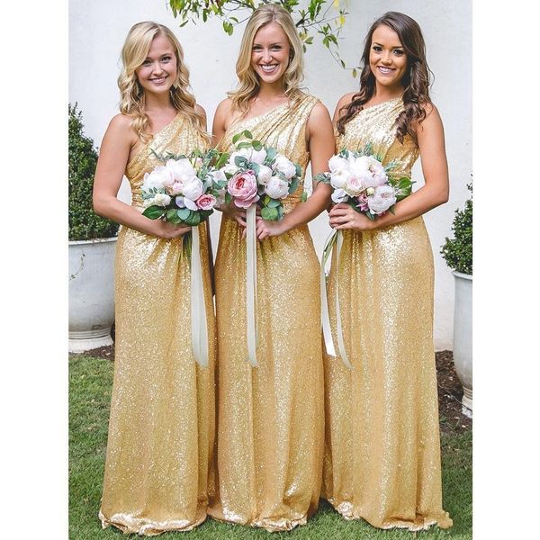 

new rose gold yellow sequined bridesmaid dresses 2020 for weddings guest dress one shoulder floor length plus size formal maid of honor gown, White;pink