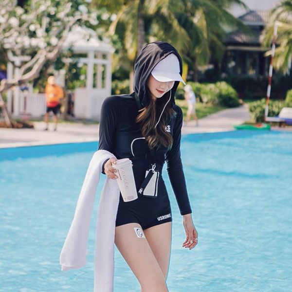 

j94gg hooded sunscreen long-sleeved women's conservative zhe du slim black boxer swimming hooded sunscreen swim long-sleeved swimsuit w, White;black