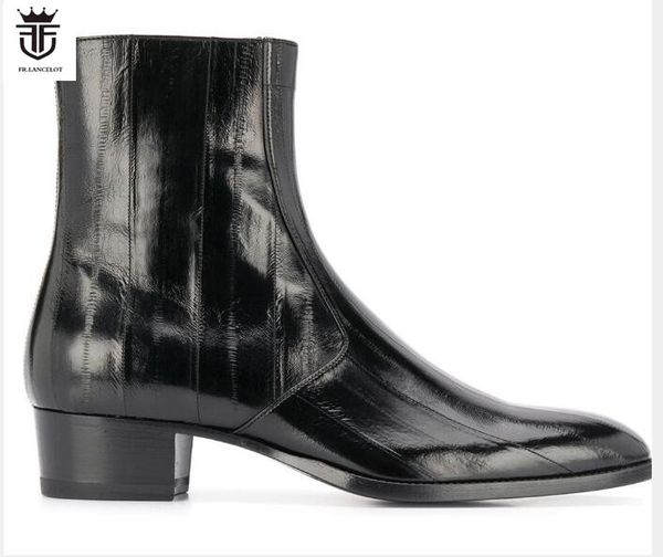

fr.lancelot 2020 new arrival men booties inside zip boots stone print ankle boots men's party shoes med heel 5cm botas, Black