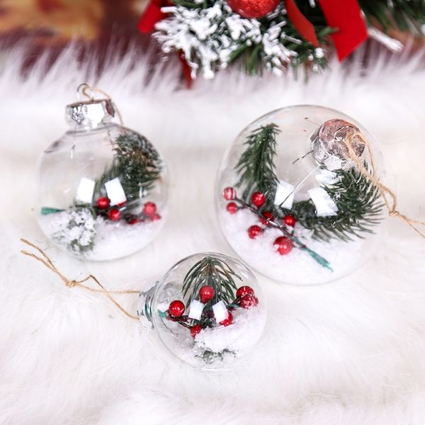 

refillable clear plastic christmas ball ornaments pre-decorated with small berries and pine needle strip hanging xmas ball