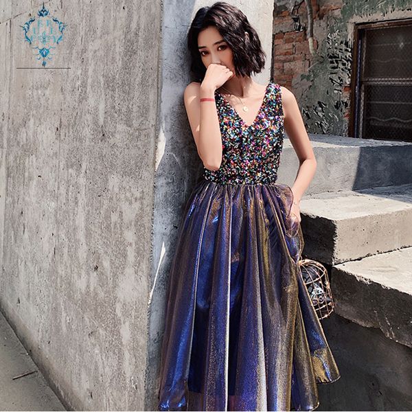 

curly elegant dignified summer black sleeveless sequins evening dresses female 2019 ladies illusion deep v-neck slim dress, White;black