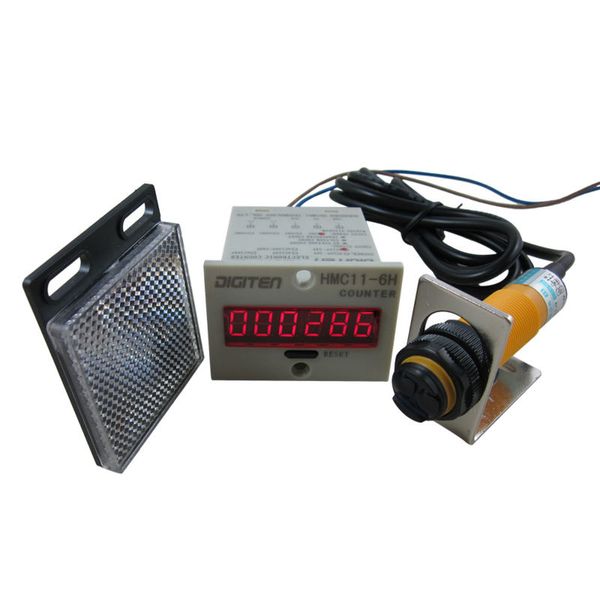 Freeshipping 0-999999 Digitaler LED-Zähler + Fotoelektrischer Schaltersensor + Reflektor Automatisches Förderband 12-24 VDC