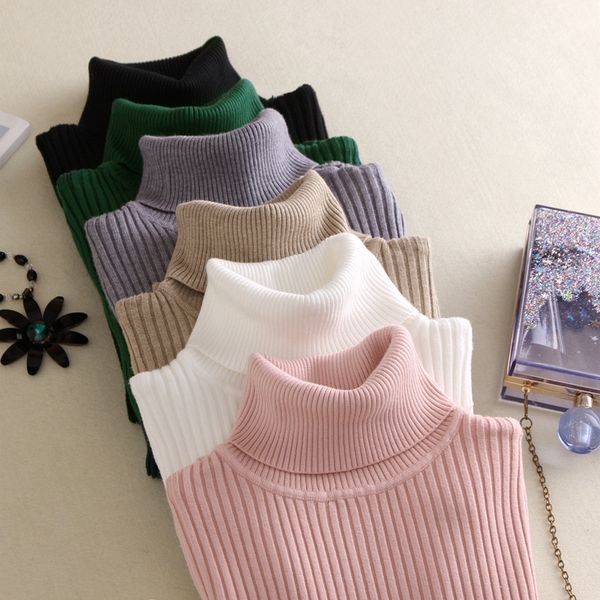

2019 autumn winter women knitted black turtleneck pink sweater fashion slim femme elasticity pullovers casual clothes, White;black