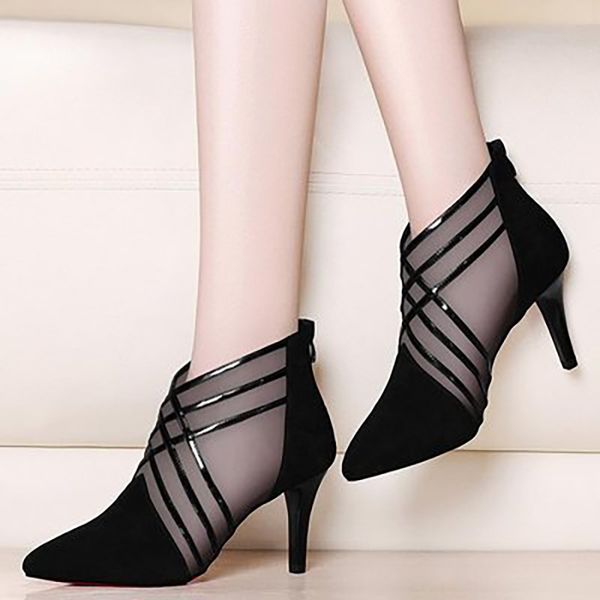 

2020 women ankle boots thin heels woman mesh breathable shoes elegant ladies zip high heels female pointed toe women's party, Black