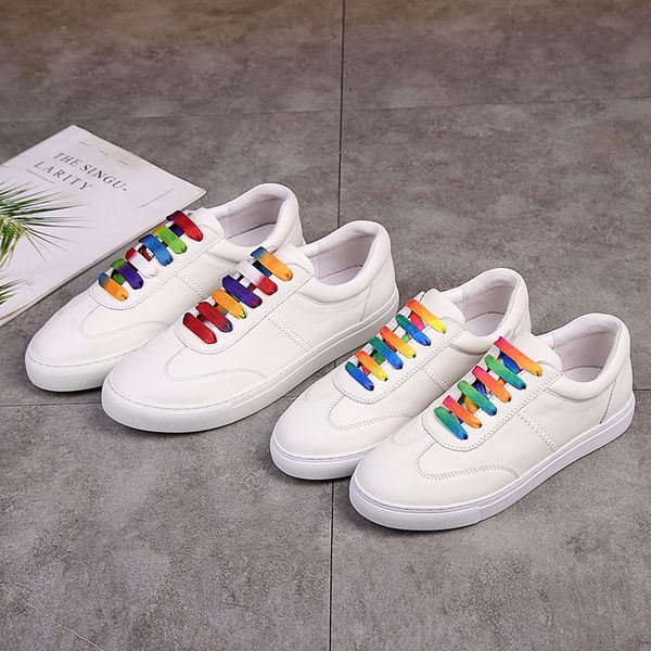 

2020 new lovers flat shoes leather retro style rainbow shoelace solid color pattern comfortable white men's and women's leisure sp, Black