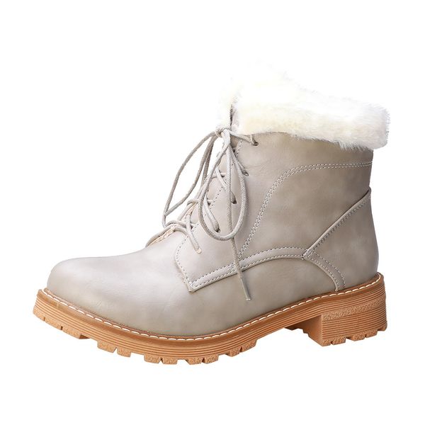 

suede snow boots fashion pure color round toe lace-up booties chunky heels vintage women boots with plush inside bread shoes, Black