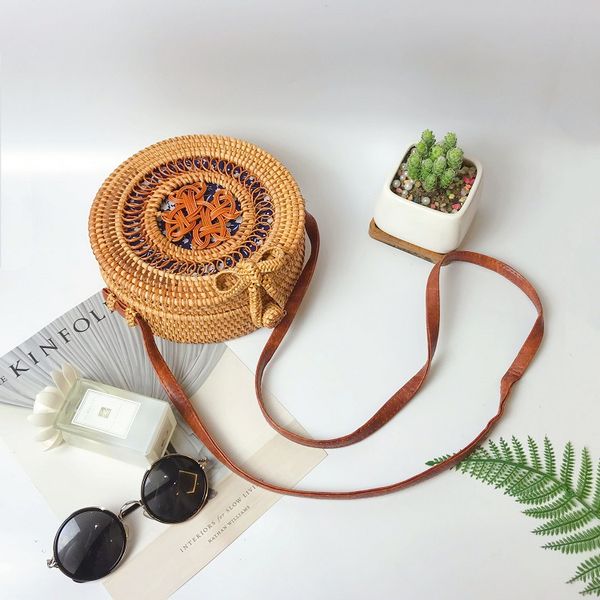 

abdb-women handwoven rattan round bag shoulder leather straps for outdoor leisure bag color: chinese knot