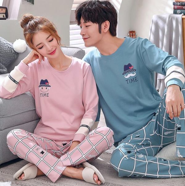 

pajamas sets women print soft cotton carton fashion men long sleeve sleepwear suit 2 piece spring home couple lounge gift, Black;red