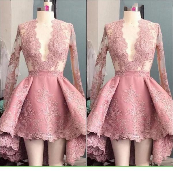 

pink lace prom dresses deep v neck capped long sleeves lace appliques short/mini party gowns ruffles homecoming dresses ing, Blue;pink
