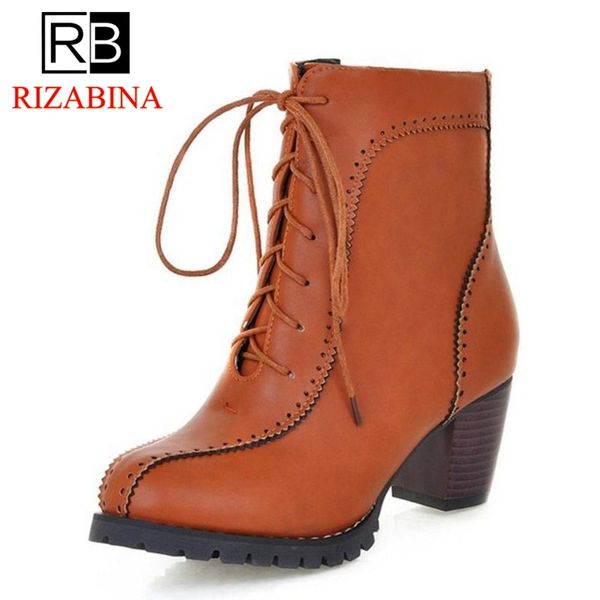 

rizabina size 33-43 women mid calf boots winter high heel round toe woman botas vinatge fashion shoes winter female footwear, Black
