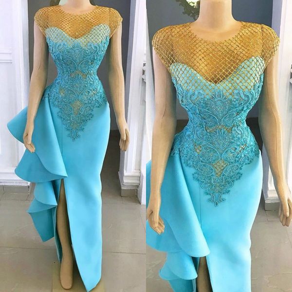 2020 neue Dubai Arabisch Frauen Prom Kleider Spitze Applizierte Kurzarm Perlen Split Meerjungfrau Abendkleider Cocktailkleid Vestido de fiesta