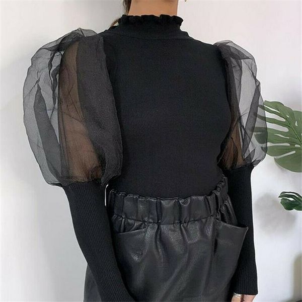 

fashion women blouse long sleeve turtleneck casual slim knit warm autumn winter polka dot puff sleeve blouse three colors, White