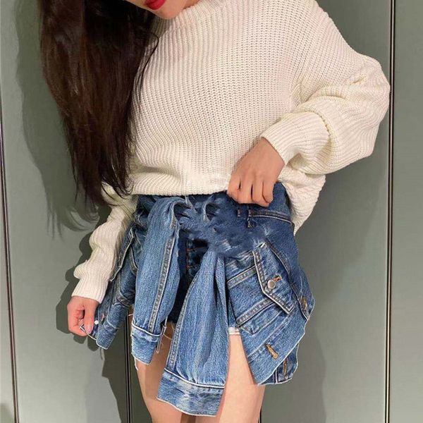 

womengaga 2020 new denim shorts dual-use patchwork tassel loose personality streetwear high waist single-breasted womens a465, Blue