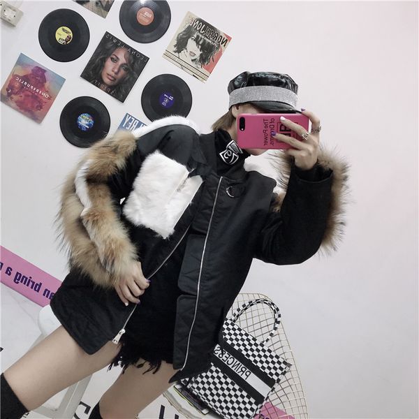 

winter female new o-neck thicm warm coat women real natural fur patchwork fashion parka casual loose long sleeve jacket z438, Black