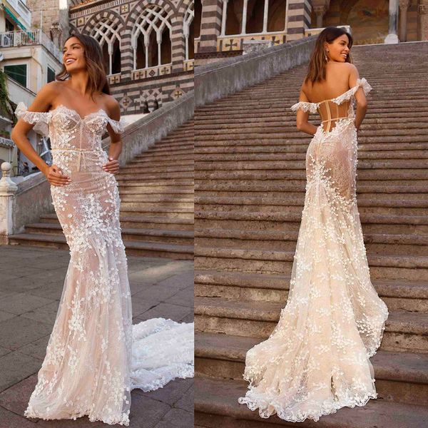 

new berta mermaid wedding dresses off shoulder short sleeve bridal gowns see through plus size sweep train wedding dress, White