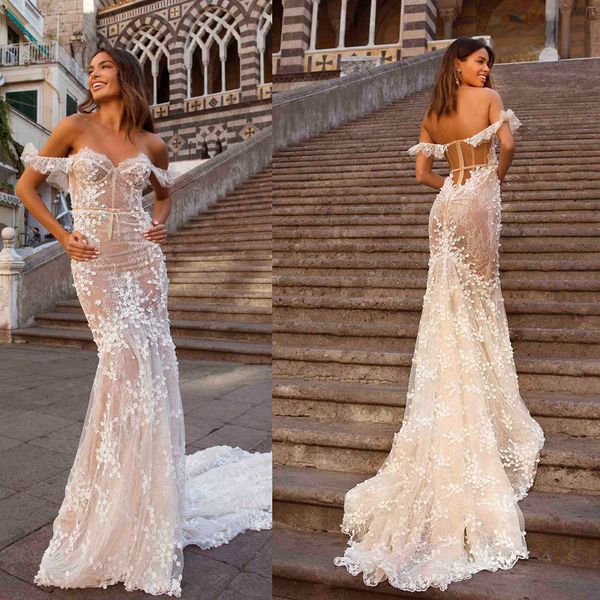 New Berta Mermaid Свадебные платья с плеча с короткими рукавами свадебные платья Сексуальные см. Плюс размер промежутка свадебное платье