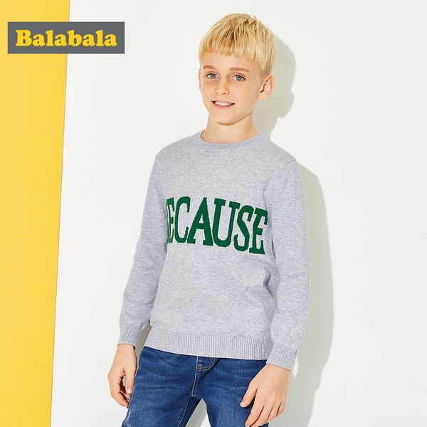 

balabala boys print fine-knit sweater in 100% cotton teenage boy soft knit pullover sweater with ribbed crewneck cuff and hem, Blue