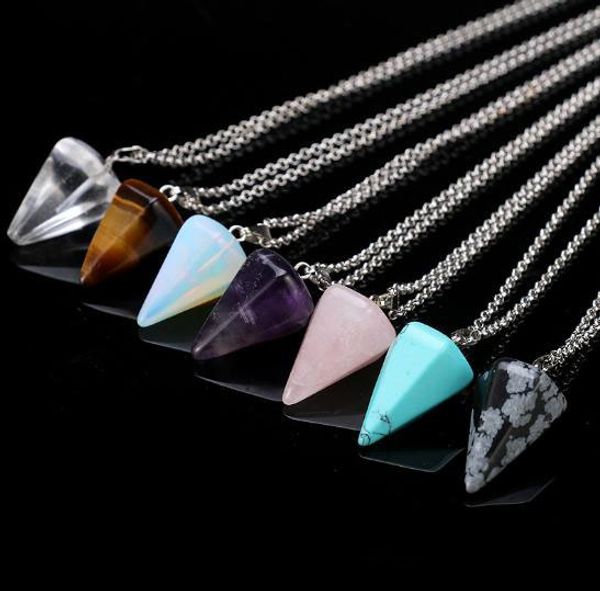 

11 style new natural gemstone pendant necklace crystal healing chakra reiki silver stone hexagonal prisme cone charm necklaces an2830