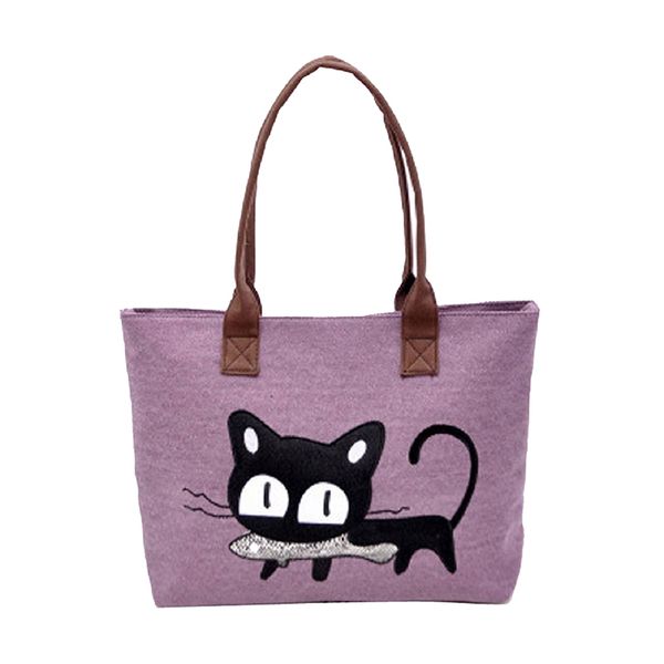 

new fashion woman shoulder bag canvas cute cat bag office lunch (purple