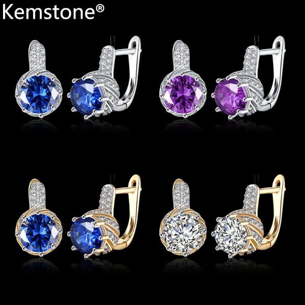 

kemstone blue white ziron gold silver plated copper alloy hoop earrings jewelry for women's gift, Golden;silver