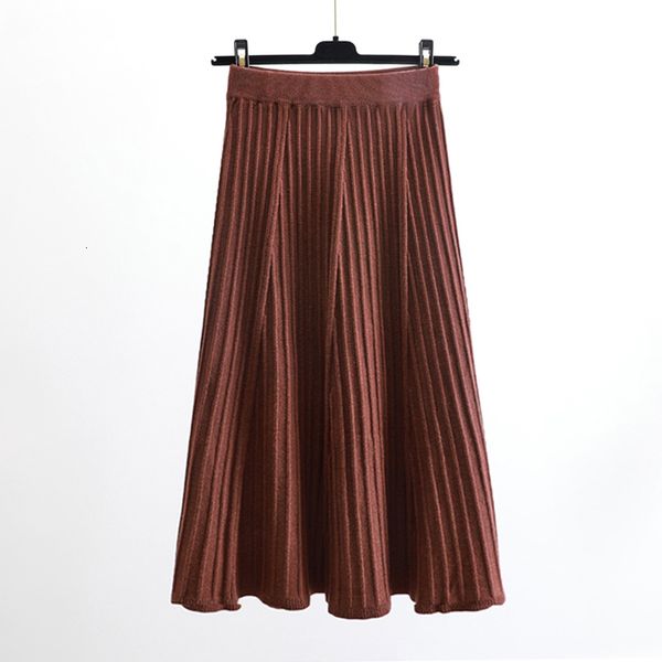 

vintage elegant winter women sweater skirt elastic high waist pleated midi knitted skirt a-line female solid thick skirts, Black