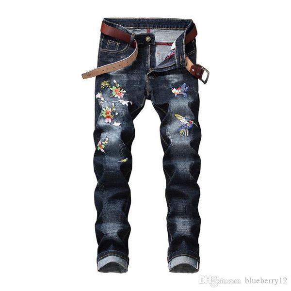 

mens jeans new style floral embroidery full length mens denim pants straight runway fashion washed elastic jeans trousers, Blue