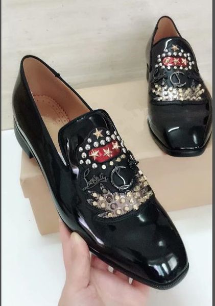 

Brand red bottom loafer party wedding hoe de igner pike black patent leather uede dre hoe men lip on flat loafer c1
