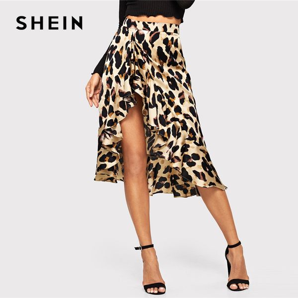 

shein boho multicolor ruffle hem leopard print asymmetrical shift skirt lady 2019 summer casual mid waist midi skirt, Black