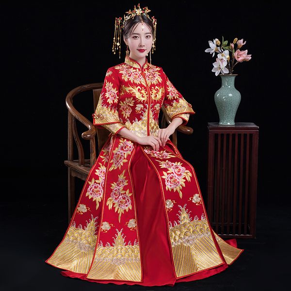 

chinese ancient women cheongsam embroidery qipao vintage floral bride wedding dress vestidos marriage suit s-xl, Red