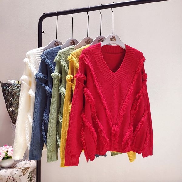 

red yellow white green blue v neck long sleeve fringed tassels warm knitted pullovers sweaters jumpers for women sweater, White;black
