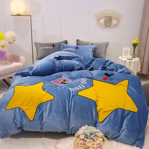 

comfortable crystal velvet bedding line towel embroidery with hair ball decoration home textile baby cashmere velvet bed sheet set 4pcs/set