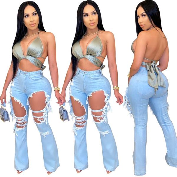 

ins est lady's ripped jeans high waist bell bottom skinny long jeans 2020 summer autumn new fashion trend denim trousers, Blue