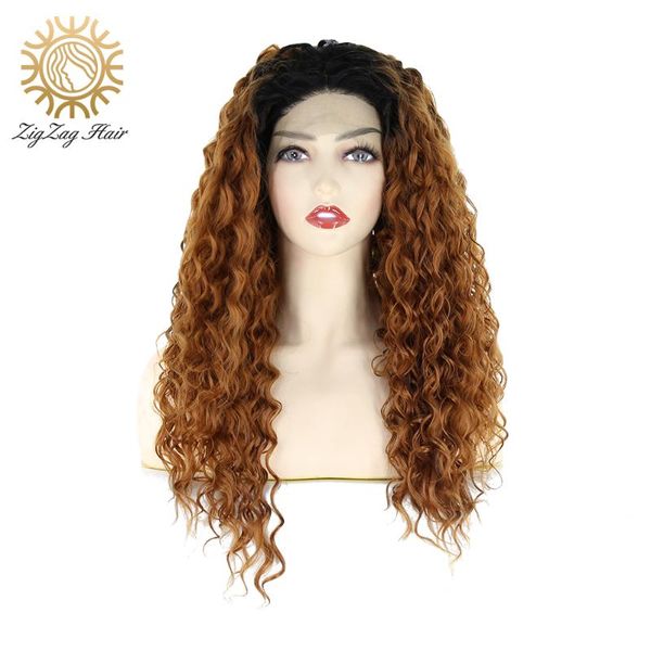 

synthetic wigs zigzag black ombre brown kinky curly lace front wig for women glueless high temperature fiber natural long middle part