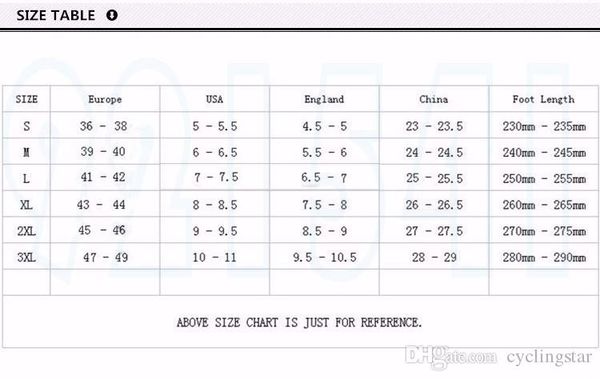 Cycling Shoe Cover Size Chart