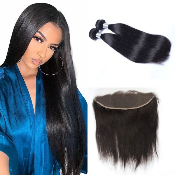 

прямые девственные пучки человеческих волос с фронтальной предварительно выщипанной индийской шевелюрой 2 пучка с 13x4 кружевной фронтальной, Black;brown