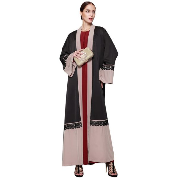 

women lace robe muslim dresses cardigan turkish abaya long sleeve dubai islamic maxi dress with belt black g7145b-5xl, Red