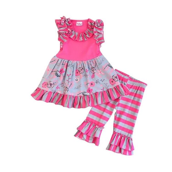 

boutique outfits lace tunic skirt printed pink stripes ruffle clothes set, White