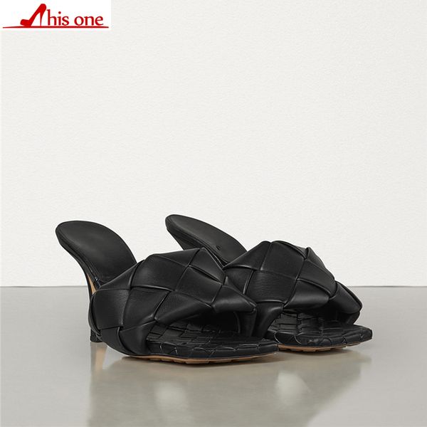 

thisone 2020 mules shoes women cross-criss leather slippers square toe high heel slippers women summer celebrity shoes, Black