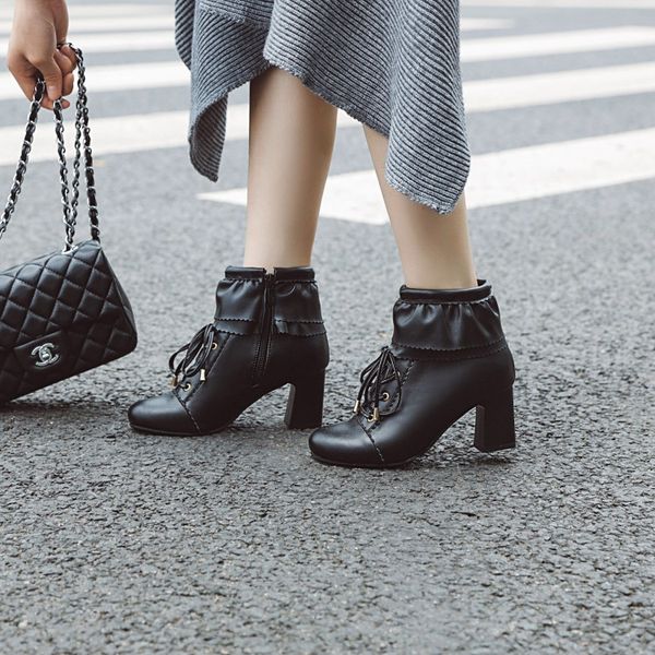 

big size - boots women shoes ankle boots for women ladies shoes woman winter cross lace trim side zipper, Black