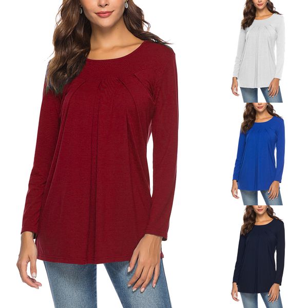 

европейских и американских женщин одежда весной и осенью платье вокруг шеи длинным рукавом сплошной цвет футболки, White