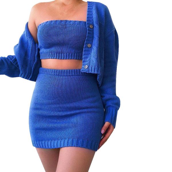 

two piece dress winter women spring clubwear 3 sets knitted tube coat skirt set outfits knittwear, White