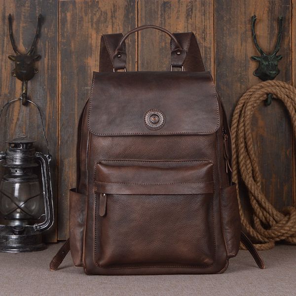 

nesitu vintage coffee brown genuine leather 14'' 15.6'' lapwomen men backpacks real skin travel bags m9031