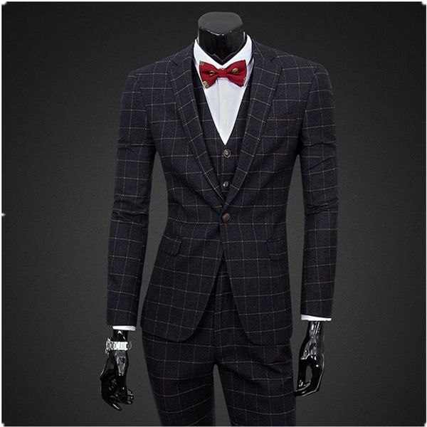

new men's slim suit dark gray plaid men's wedding suit official business tuxedo 3 pieces prom set custom, White;black