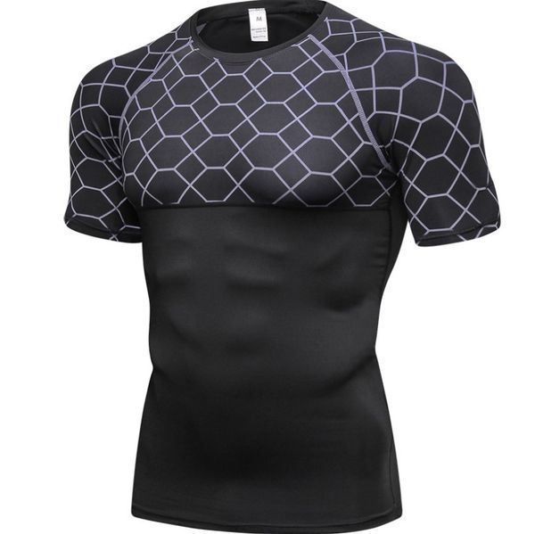 

male running t-shirt compression fitness workout shirts gym quick dry sports print short sleeves training men base layer, Black;red
