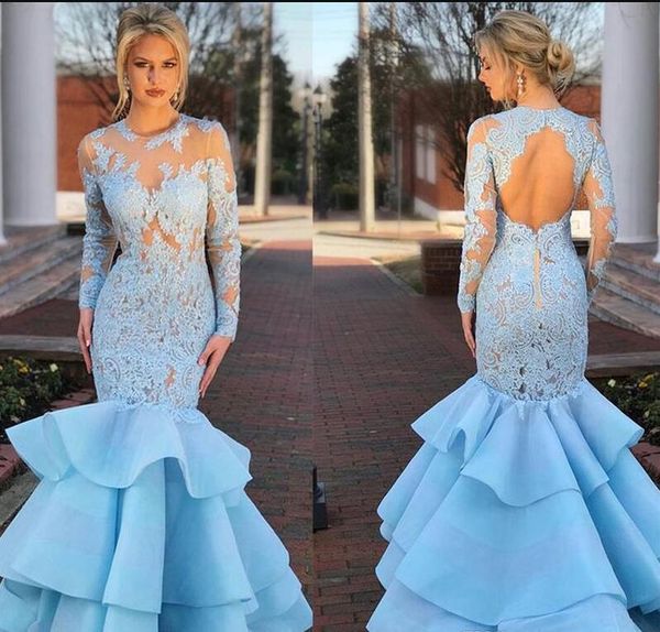 

o-neck neckline long sleeves illusion tulle lace applique prom dress with layered backless mermaid party cocktail dress, Black