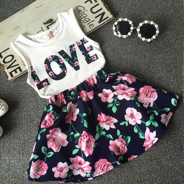 

summer baby girl clothes set children love printed t-shirt+floral skirt 2pcs suit kids clothes set kids designer clothes girls jy291, White