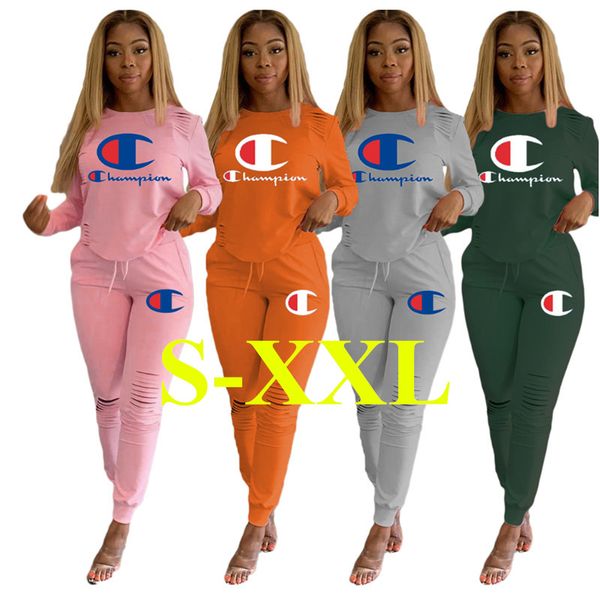 

s-2xl women tracksuits ripped holes champion t shirt pullover and pants leggings two piece outfits long sleeve sport clothing set new c91604, Gray