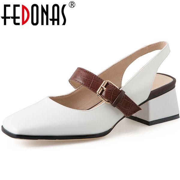 

fedonas mary janes metal buckle women sandals genuine leather thick high heels pumps summer fashion wedding basic shoes woman, Black